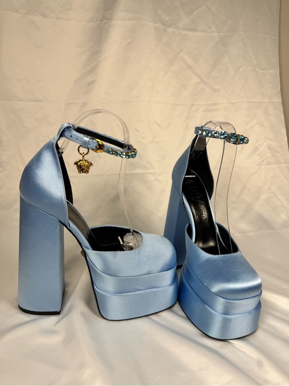 Versace Medusa Aevitas Light Blue Satin Crystal Platform Pumps Size 37 US 7